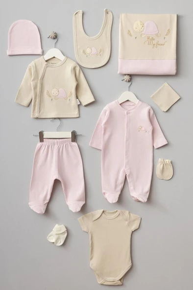 Bebitof %100 Pamuk Kaplumbağa Desenli 10 Parça Kutulu Yenidoğan Hastane Çıkısı Seti Pembe BBTF-PMB-10077