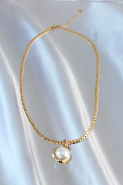316L Çelik Gold Renk Yassı Zincir İnci Taşlı Kolye - Resim 3
