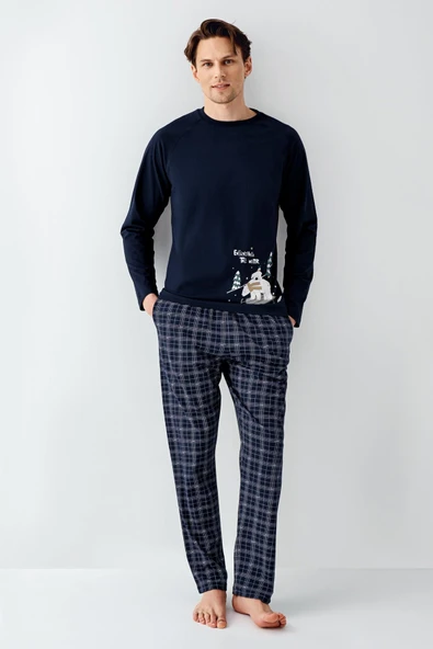 Arnetta Erkek Aile %100 Pamuk 4 Mevsim Bisiklet Yaka Uzun Kollu Ekoseli Pijama Takım ürün görseli 1