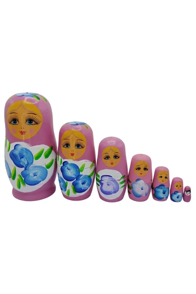 Ahşap Matruşka Bebek Yedili Set Gül Pembe - 6