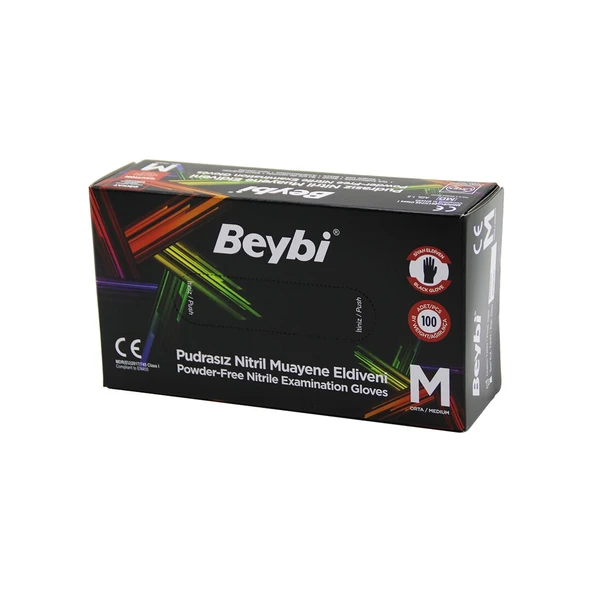 BEYBİ M SİYAH PUDRASIZ NİTRİL MUAYENE ELDİVENİ 100LÜ (5250)