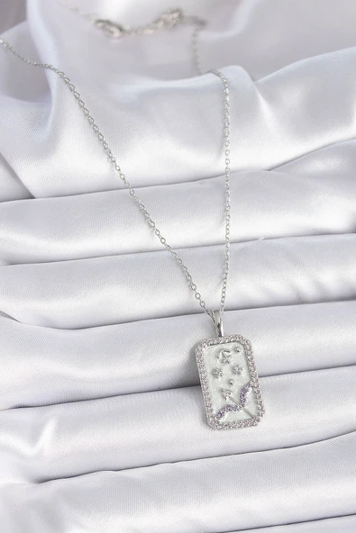 316L Çelik Gümüş Renk Zincir Yay Burcu Zirkon Taşlı Kadın Kolye - Resim 2