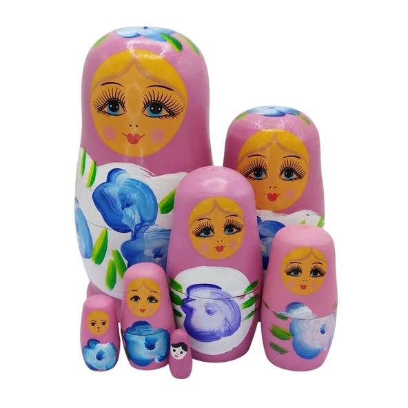 Ahşap Matruşka Bebek Yedili Set Gül Pembe - 3