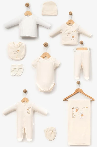 Bebitof %100 Pamuk Sevimli Fil ve Zürafa Desenli 10 Parça Kutulu Yenidoğan Hastane Çıkışı Zıbın Seti Somon BBTF.SMN.10128