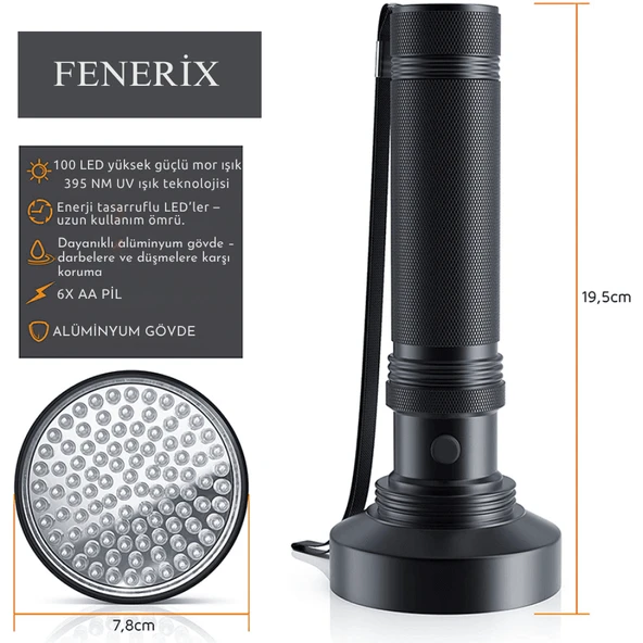 100 LED 395nm Mor Işık Uv El Feneri - Ultraviyole Fener - Resim 3