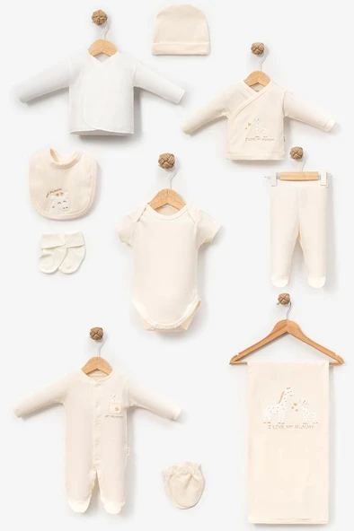 Bebitof %100 Pamuk Sevimli Yavru Zürafa Desenli 10 Parça Kutulu Yenidoğan Hastane Çıkışı Zıbın Seti Krem BBTF.KRM.10129