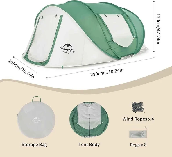 Naturehike 3-4 Kişilik Pop-Up Otomatik Kurulum Kamp Çadırı Yeşil - 2