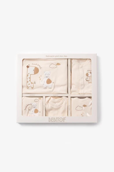 Bebitof %100 Pamuk Sevimli Fil ve Zürafa Desenli 10 Parça Kutulu Yenidoğan Hastane Çıkışı Zıbın Seti Somon BBTF.SMN.10128 - 2