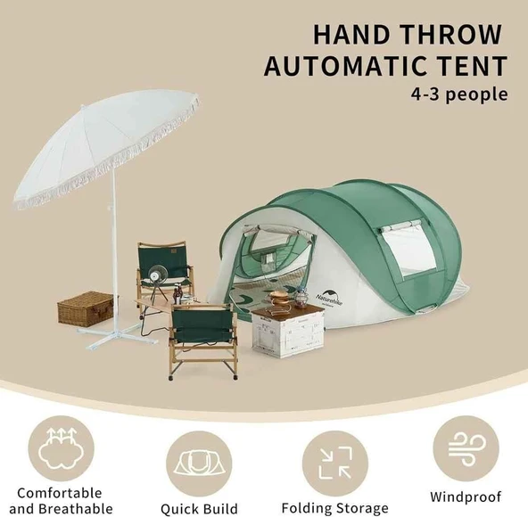 Naturehike 3-4 Kişilik Pop-Up Otomatik Kurulum Kamp Çadırı Yeşil - 4