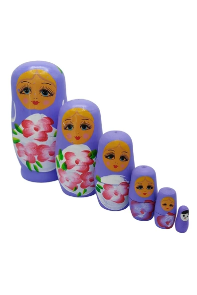 Ahşap Matruşka Bebek Altılı Set Mor - Resim 6