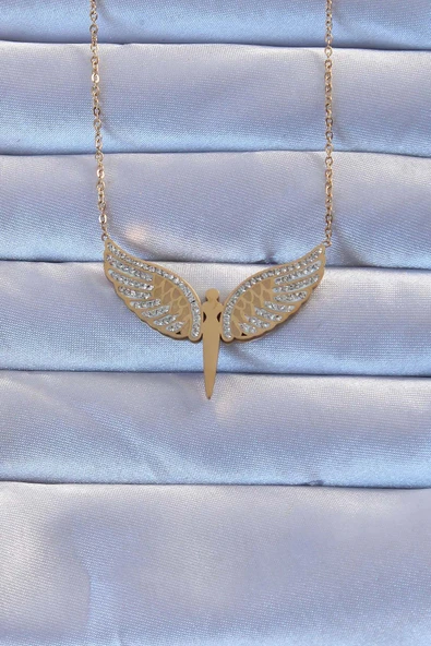 316L Çelik Altın Renk Zirkon Taşlı Mikail Kolye ürün görseli 1