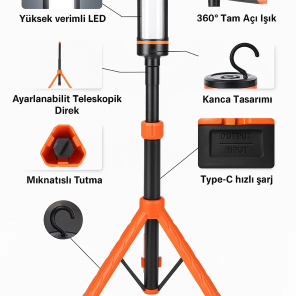 Wison Ws-623 Katlanabilir Tripodlu Şarjlı Kamp Işığı 3500 Lumen LED Fener - Resim 2