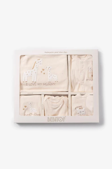Bebitof %100 Pamuk Sevimli Yavru Zürafa Desenli 10 Parça Kutulu Yenidoğan Hastane Çıkışı Zıbın Seti Krem BBTF.KRM.10129 - 3