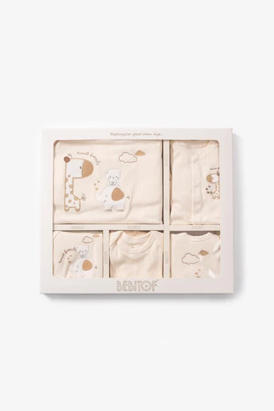 Bebitof %100 Pamuk Sevimli Fil ve Zürafa Desenli 10 Parça Kutulu Yenidoğan Hastane Çıkışı Zıbın Seti Gri BBTF.GR.10128 - 2