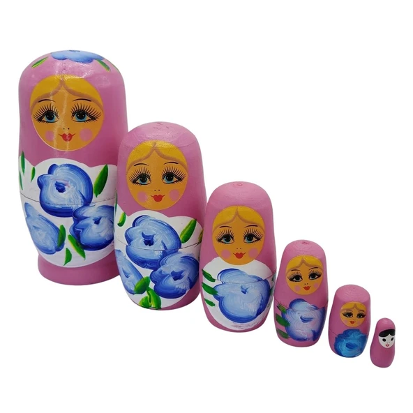 Ahşap Matruşka Bebek Altılı Set Gül Pembe - 2