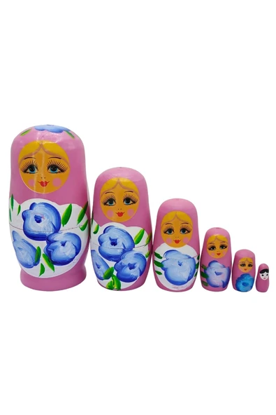 Ahşap Matruşka Bebek Altılı Set Gül Pembe - 6