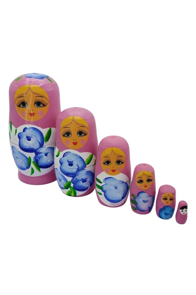 Ahşap Matruşka Bebek Altılı Set Gül Pembe - 7