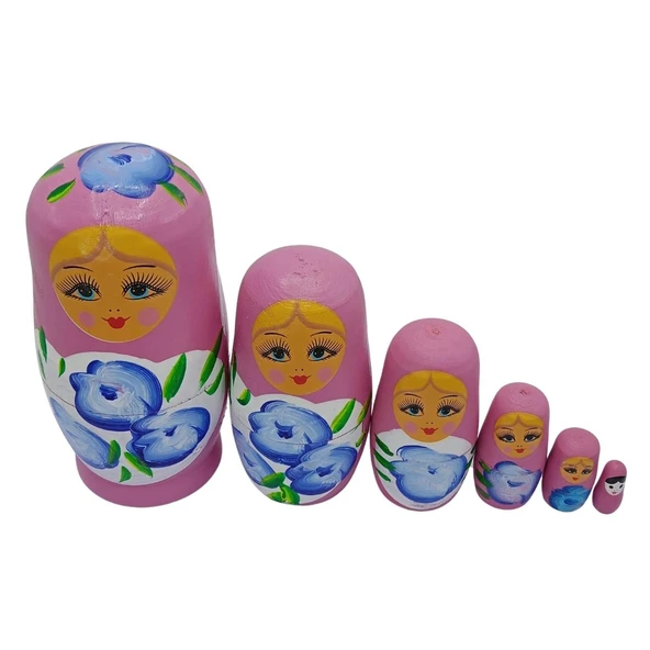 Ahşap Matruşka Bebek Altılı Set Gül Pembe - 4