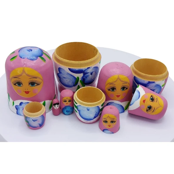 Ahşap Matruşka Bebek Altılı Set Gül Pembe - 5