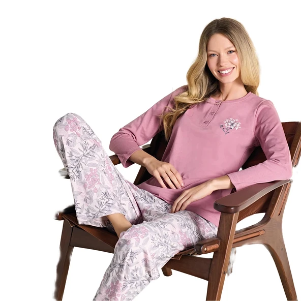 Over Sleep 3112 Kadın Büyük Beden Ön Üç Düğme Kışlık Pijama Takımı - 1