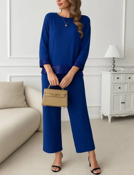 Kadın Uzun Kollu Bisiklet Yaka Pulpayetli Viskon Iki Iplik Bluz Ve Pantolon Ikili Takım - Resim 3