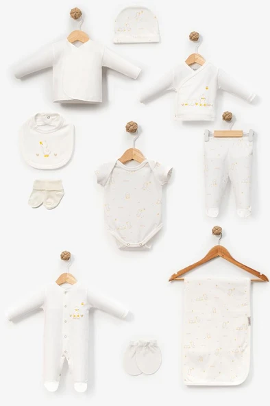 Bebitof %100 Pamuk Sevimli Civciv Desenli 10 Parça Kutulu Yenidoğan Hastane Çıkışı Zıbın Seti BBTF.EKR.10130