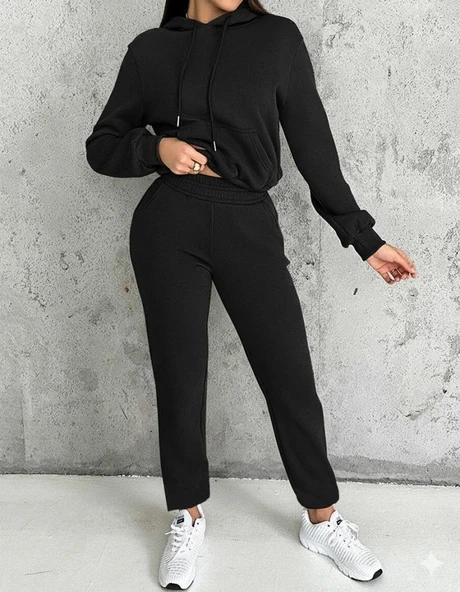 Kadın Uzun Kollu Kapşonlu Bağcıklı üç Iplik Bluz Ve Pantolon Ikili Takım - Resim 2