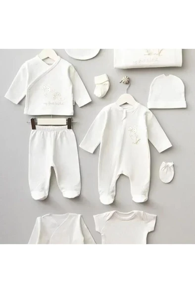 Bebitof %100 Pamuk Sevimli Uğur Böceği Desenli 10 Parça Kutulu Yenidoğan Hastane Çıkışı Zıbın Seti Ekru BBTF.EKR.10122