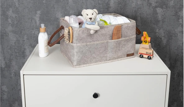 3 Gözlü Deri Şeritli Çok Amaçlı Düzenleyici Organizer Kutu Keçe Sepet 03860 - Resim 4