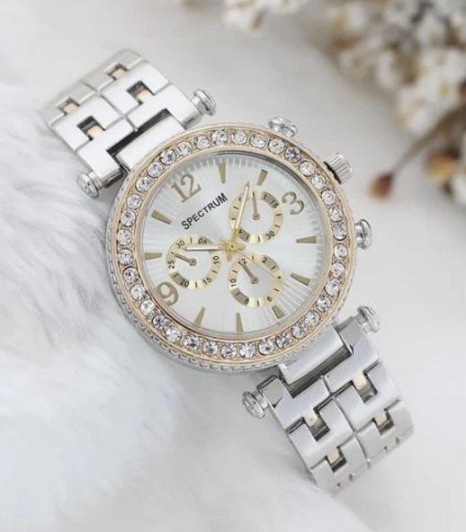 Zarif Ve Şık Özel Tasarım Zirkon Taşlı Metal Bayan Kol Saati (gümüş-gold) ürün görseli 1