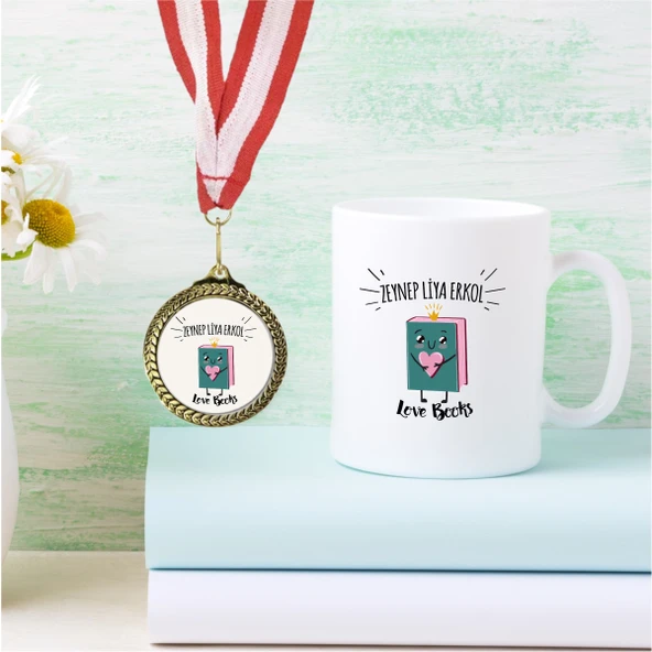 Kişiye Özel Love Books Beyaz Kupa Bardak ve Madalya - MK04 ürün görseli