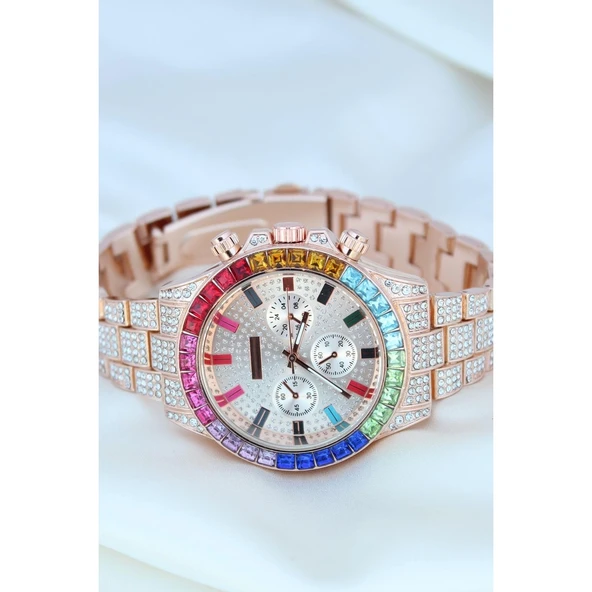 Clariss Trend Rose Metal Kordonlu Zirkon Taş Kaplama Renkli Taşlı Kasa Tasarımlı Lüx Kadın Kol Saati - Resim 2