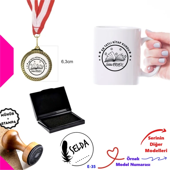 Kişiye Özel Kitap Sever Seti - Mühür, Madalya ve Beyaz Kupa Bardak E Serisi