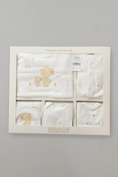 Bebitof %100 Pamuk Sevimli Ay ve Ayıcık Desenli 10 Parça Kutulu Yenidoğan Hastane Çıkışı Zıbın Seti BBTF.EKR.10103 - 2