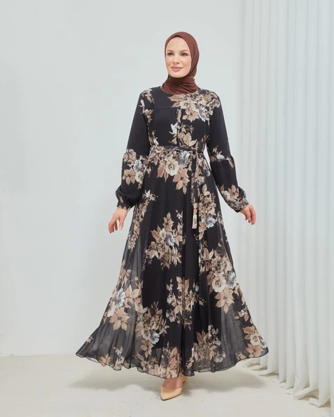 Yaprak Desenli Zarif Ve Şık Uzun Boy Büyük Beden Astarlı Şifon Elbise ürün görseli 1