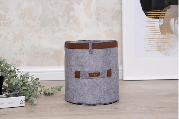 Deri Şeritli Yuvarlak Çok Amaçlı Düzenleyici Organizer Kutu Keçe Sepet (maxi) 03815 - Resim 5