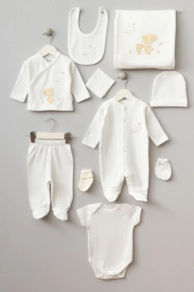 Bebitof %100 Pamuk Sevimli Ay ve Ayıcık Desenli 10 Parça Kutulu Yenidoğan Hastane Çıkışı Zıbın Seti BBTF.EKR.10103