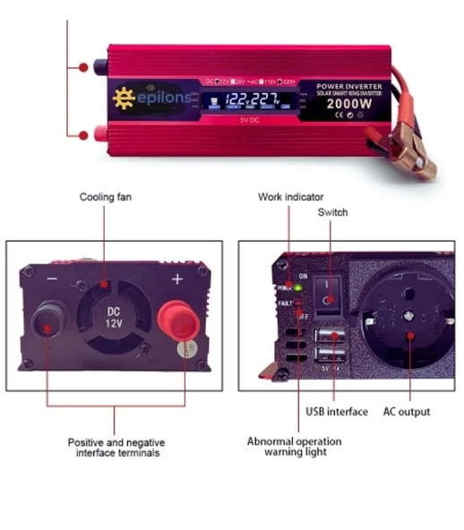 Epilons 12v 2000w Modifiye Sınus İnverter 220v Dijital Göstergeli- Taşınabilir Güç Kaynağı - Resim 3