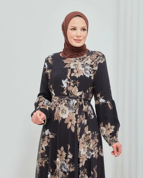 Yaprak Desenli Zarif Ve Şık Uzun Boy Büyük Beden Astarlı Şifon Elbise - Resim 3