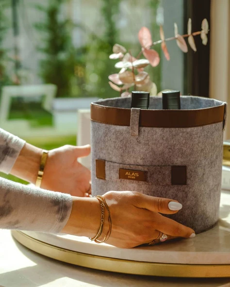 Deri Şeritli Yuvarlak Çok Amaçlı Düzenleyici Organizer Kutu Keçe Sepet (maxi) 03815 - Resim 3