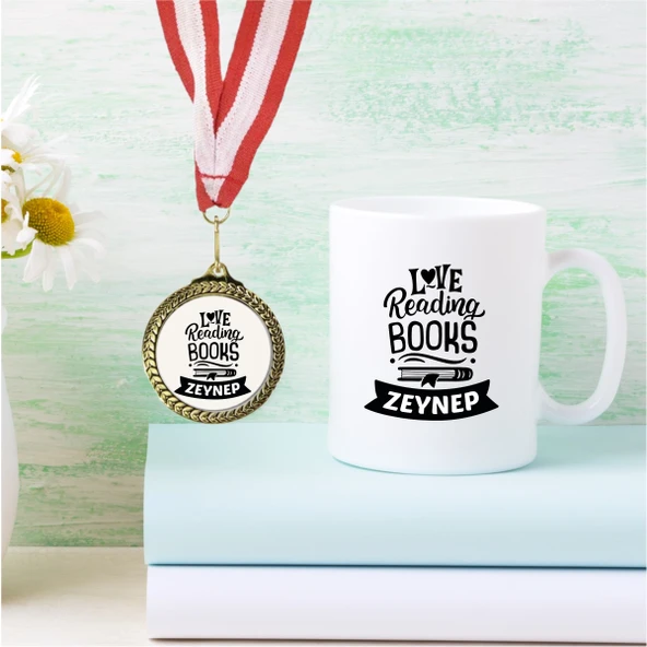 Kişiye Özel Love Reading Beyaz Kupa Bardak ve Madalya - MK07