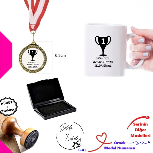 Kişiye Özel Kitap Kurdu Seti - Ahşap Mühür, Madalya ve Kupa Bardak B Serisi