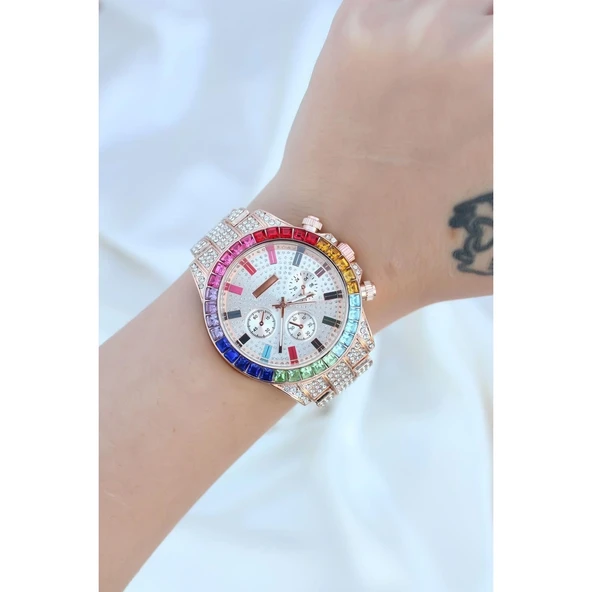 Clariss Trend Rose Metal Kordonlu Zirkon Taş Kaplama Renkli Taşlı Kasa Tasarımlı Lüx Kadın Kol Saati - Resim 3
