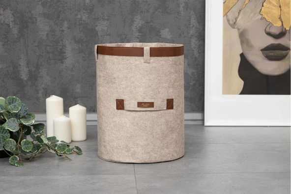 Deri Şeritli Yuvarlak Çok Amaçlı Düzenleyici Organizer Kutu Keçe Sepet (mega) 03877 - Resim 6