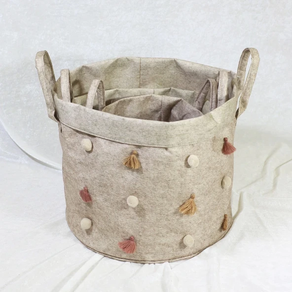 Katlanabilir Çok Amaçlı Ponponlu Yuvarlak Düzenleyici Saklama Kutusu Organizer Keçe Set - Resim 2