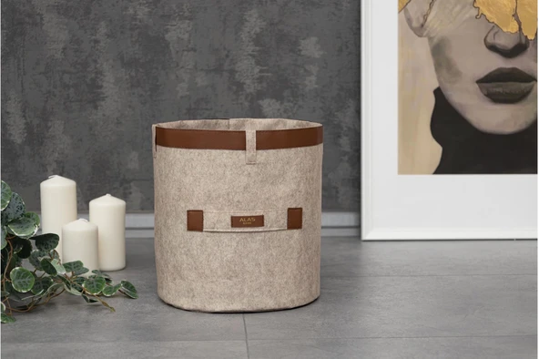 Deri Şeritli Yuvarlak Çok Amaçlı Düzenleyici Organizer Kutu Keçe Sepet (maxi) 03815 - Resim 6