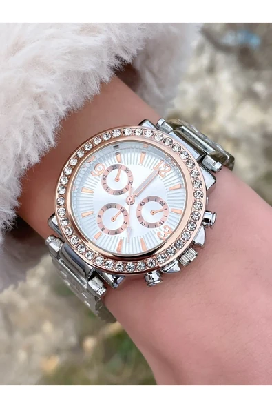 Zarif Ve Şık Özel Tasarım Zirkon Taşlı Metal Bayan Kol Saati (gümüş-gold) - Resim 2