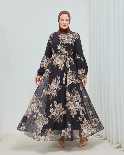 Yaprak Desenli Zarif Ve Şık Uzun Boy Büyük Beden Astarlı Şifon Elbise - Resim 2