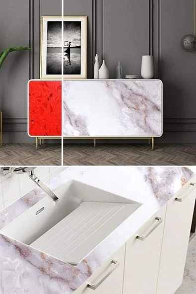 Mermer Desenli Masa Tezgah Mutfak Su Geçirmez Yapışkanlı Folyo Sticker Sarı 5x0,6m - Resim 8