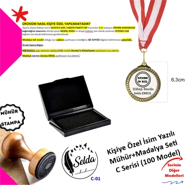 Kişiye Özel İsim Yazılı Hediye Seti - Kitap Damgası ve Özel Madalya - C Serisi
